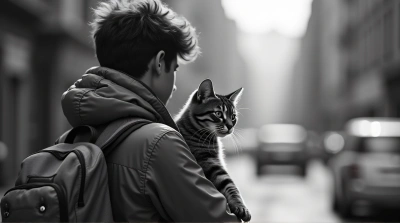 Monochrome Urban Portrait Carrying Cat