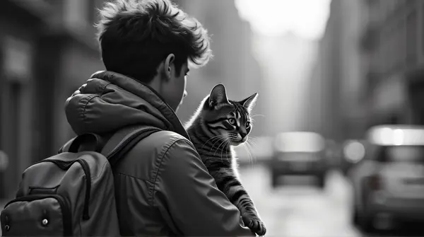 Black and white side portrait of a person carrying a cat in an urban setting with blurred background.