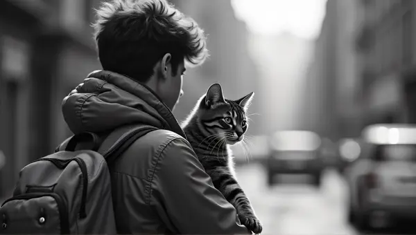 Monochrome Urban Portrait Carrying Cat
