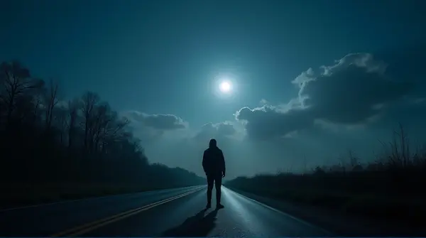 A figure stands beside a quiet road lit by moonlight with silhouetted trees and glowing clouds above.