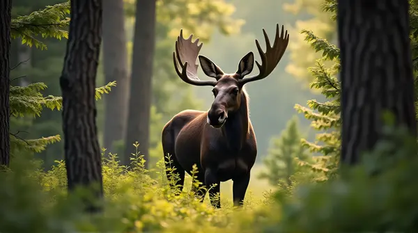 Large moose standing amid dense green foliage with sunlight filtering through leaves.