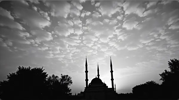 Black and white image of mosque domes and minarets silhouetted against a textured cloudy sky.