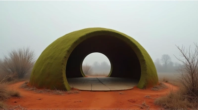 Moss-Colored Shelter On Red Earth Landscape