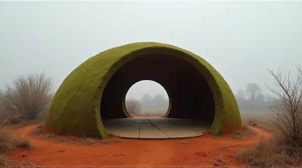 Moss-colored curved roof shelter pitched on reddish soil with dried foliage and muted sky in panoramic view