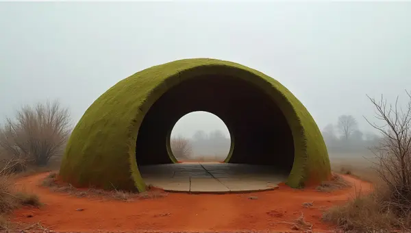Moss-Colored Shelter On Red Earth Landscape