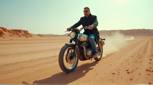 Man in black coat and blue jeans riding a motorcycle over reddish stones under clear sky