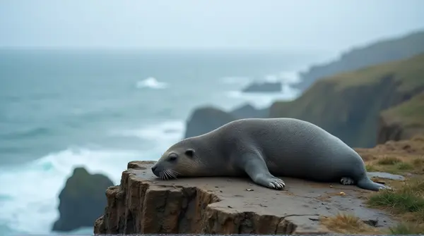 Mottled Marine Mammal on Jagged Cliff Edge