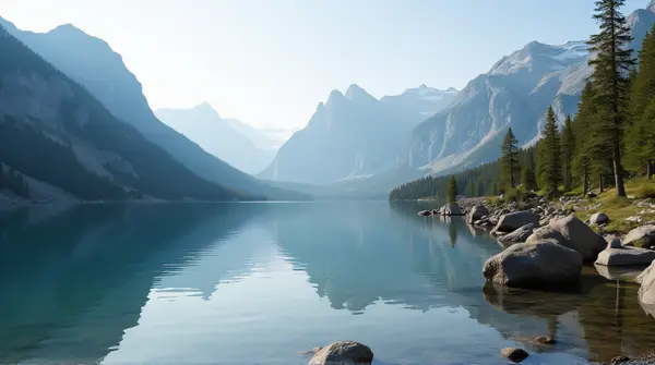 Mountain Lake Reflection With Pine Trees And Rocks