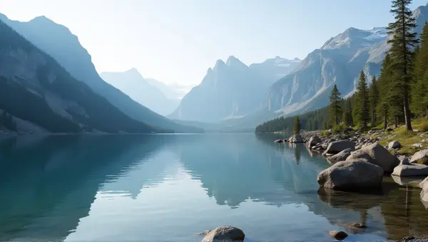 Mountain Lake Reflection With Pine Trees And Rocks