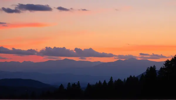 Mountain Range Panorama At Sunset With Trees