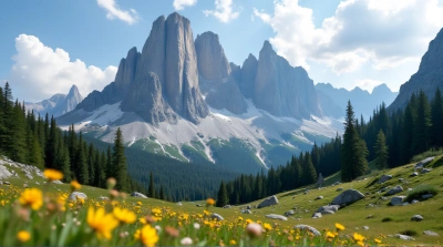 Mountain Range With Pine Trees And Wildflowers
