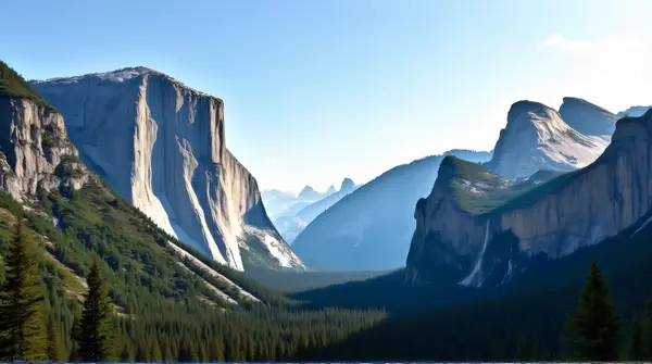 Wide view of mountain ranges with rocky faces and scattered pine trees in soft morning light under blue sky.