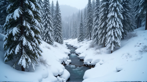 A mountain stream flows down a frosted incline surrounded by tall pine trees from an elevated angle.