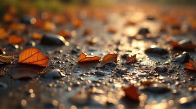Muddy Ground With Fallen Leaves And Stones