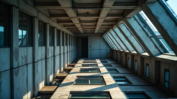 Overhead view of a tall tower featuring multiple levels and geometric window shadows against the sky.