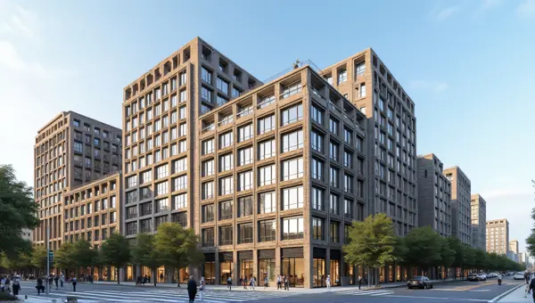 Multi-Story Buildings With Busy Pedestrians Crossing