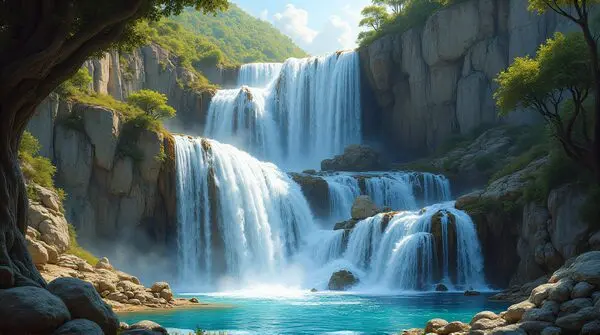 A detailed painting of a multi-tiered cascade flowing over jagged rocks into a clear pool, framed by rugged cliffs and twisting vines from below.