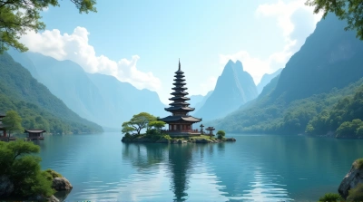 Multi-Tiered Pagoda Over Reflective Lake Views