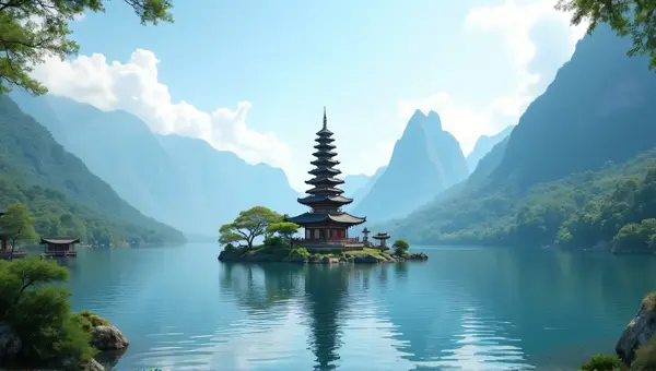 Multi-Tiered Pagoda Over Reflective Lake Views