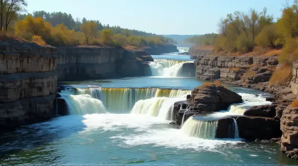 Multiple tiered streams flowing down stone ledges under clear blue skies with scattered plants