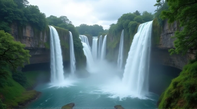 Multiple Waterfalls Flowing Into Misty Pools