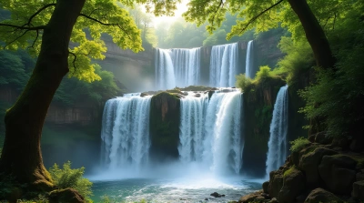 Multiple Waterfalls On Jagged Cliffs With Sunlight