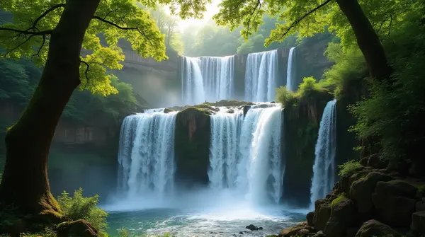 Multiple Waterfalls On Jagged Cliffs With Sunlight