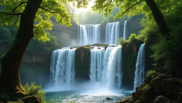 Multiple Waterfalls On Jagged Cliffs With Sunlight