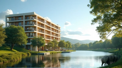 Multistory Tan Ivory Facade Building Near Shimmering Lake