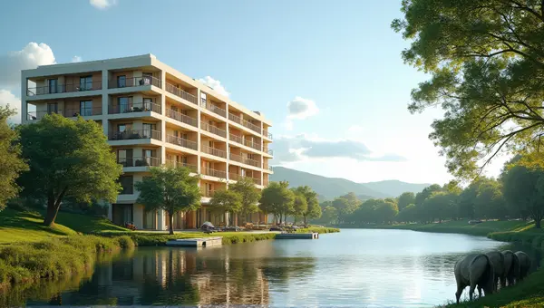Multistory Tan Ivory Facade Building Near Shimmering Lake