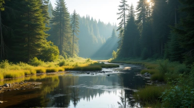 Murky Marsh Surrounded By Evergreen Conifers