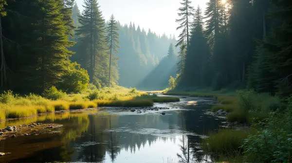 Murky Marsh Surrounded By Evergreen Conifers