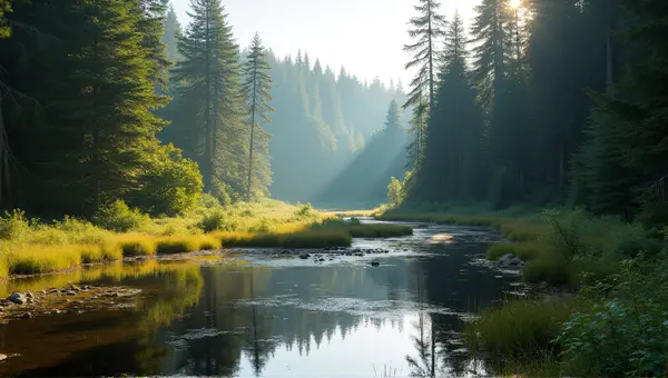 Murky Marsh Surrounded By Evergreen Conifers