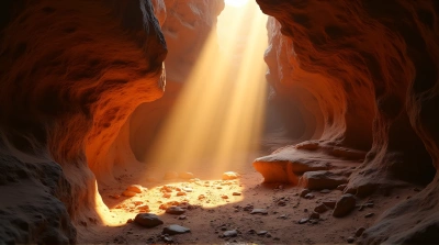 Narrow Cavern With Amber Rays And Mineral Deposits