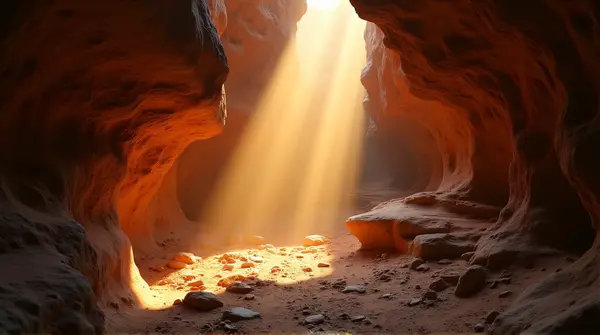 Narrow Cavern With Amber Rays And Mineral Deposits