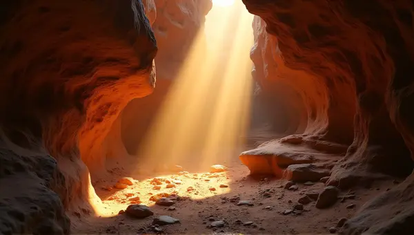 Narrow Cavern With Amber Rays And Mineral Deposits