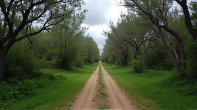 Narrow Forest Trail With Tall Trees Under Cloudy Sky