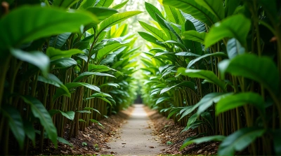 Narrow Pathway Surrounded by Lush Broad-Leaved Plants