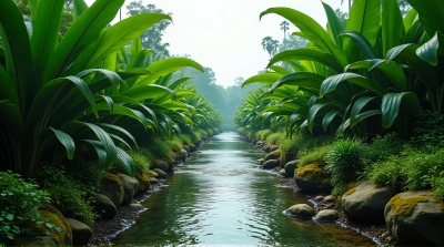 Narrow Stream Surrounded by Lush Greenery and Mossy Rocks