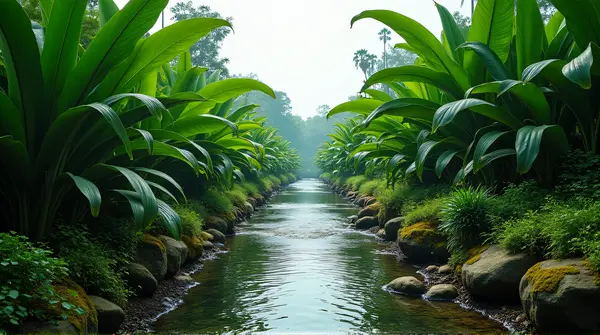 A narrow waterway bordered by leafy plants and moss-covered stones with bright green foliage under a pale sky.