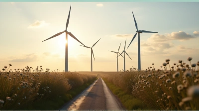 Narrow Trail By Tall Wind Turbines At Sunset