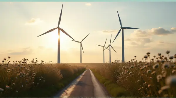 A narrow path beside tall wind turbines with wildflowers in the foreground and soft clouds in the sky at sunset.