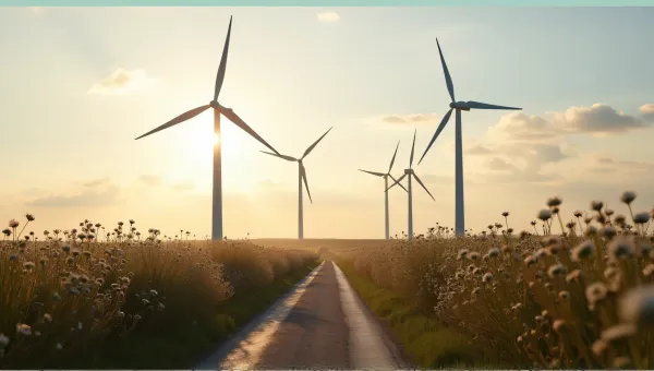 Narrow Trail By Tall Wind Turbines At Sunset