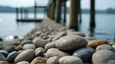 Natural Stone Cluster Near Rustic Pier At Lake