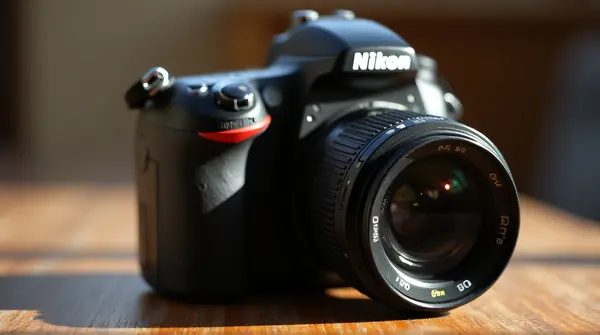 Close-up of a Nikon D series DSLR camera on a textured wooden surface with soft ambient lighting