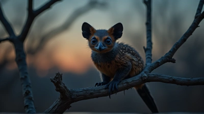 Nocturnal Tawny Creature on Gnarled Branch at Twilight