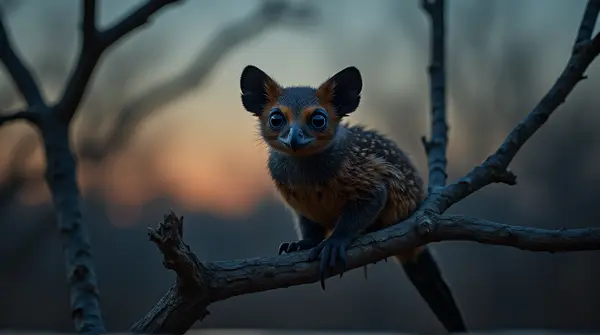 Nocturnal tawny and ebony creature perched on a twisted branch against a muted twilight sky