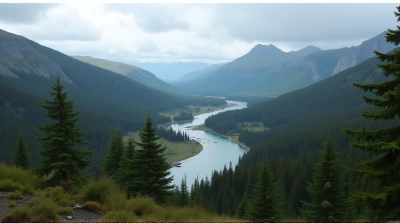 Northern Landscape With Evergreen Trees And River