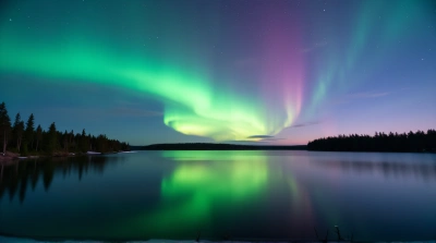 Northern Lights Over Tranquil Lake At Twilight