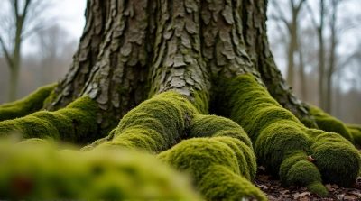 Oak Tree Trunk Texture With Mossy Shrubs